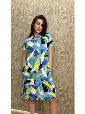 Omuz Drapeli Polo Yaka Keten Elbise