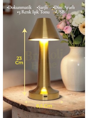 Brokoli Home Dokunmatik Masa ve Gece Lambası Dokunmatik Lamba Abajur LED Şarjlı Masa Lambası Ledli Gold 23CM