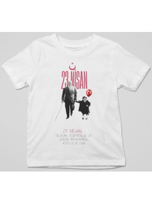 Ontunew 23 Nisan Baskılı Bisiklet Yaka Pamuklu Kısa Kollu Erkek ve Kız Çocuk Tişört