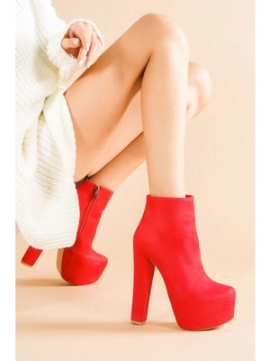 Ayakkabı Ateşi Punta Kırmızı Süet Topuklu Kadın Bot