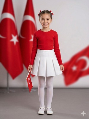 tinytrends Kız Çocuk Kırmızı Beyaz 23 Nisan Gösteri Elbise Kombin Alt Üst Takım (Külotlu Çorap Hediyeli)