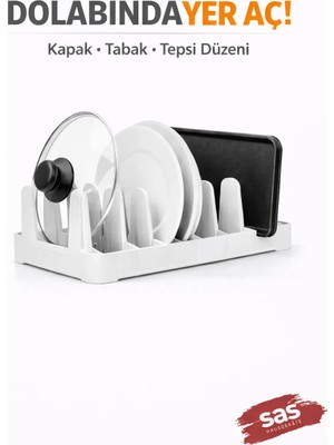 Fevito Dolap İçi Tabak Tencere Kapağı Düzenleyici 6 Bölme -   Mutfak Organizer – Yer Tasarrufu Sağlayan Raf Beyaz