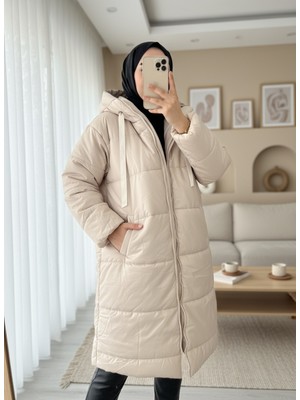 Modamorfo Kapşonlu Bağcık Detaylı Fermuarlı Şişme Mont -Ekru