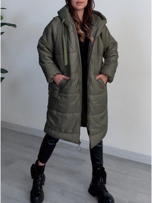 Modamorfo Kapşonlu Bağcık Detaylı Fermuarlı Şişme Mont -Haki