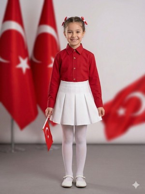 tinytrends Kız Çocuk Kırmızı Beyaz 23 Nisan Gösteri Elbise Kombin Alt Üst Takım (Külotlu Çorap Hediyeli)