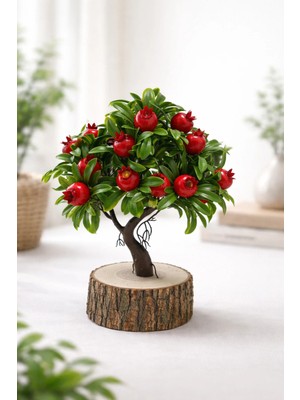 Lineva Doğal Kütük Üstü Nar Ağacı – Dekoratif Yapay Meyve Ağacı – Ev & Ofis Masa / Raf Dekoru