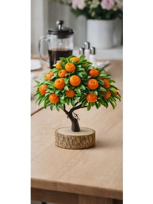 Lineva Doğal Kütük Üstü Yapay Mandalina Ağacı | Ev & Ofis Masaüstü Dekoratif Yapay Ağaç