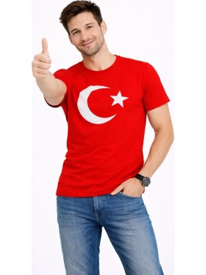 Beruflic Erkek T-Shirt Kısa Kol Bisiklet Yaka Ay Yıldız Bayrak Baskılı Tişört - Kırmızı