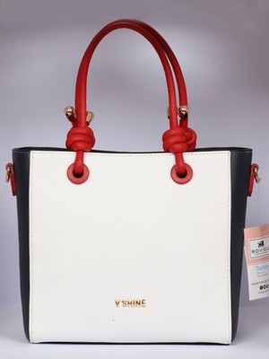 Victoria Shoes Lacivert Beyaz Kombinli Kırmızı Saplı Şık Çanta