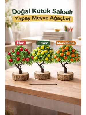 Lineva Dekoratif Doğal Kütük Saksılı Yapay Meyve Ağacı – Nar Limon Mandalina Masa & Ev Ofis Dekoru