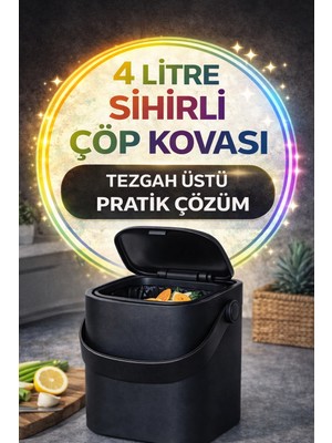 Open Home Concept Siyah Akıllı Kapaklı Tezgah Üstü Çöp Kovası Iç Kovalı Tutma Saplı Pratik Mutfak Çöp Kutusu 4 Litre