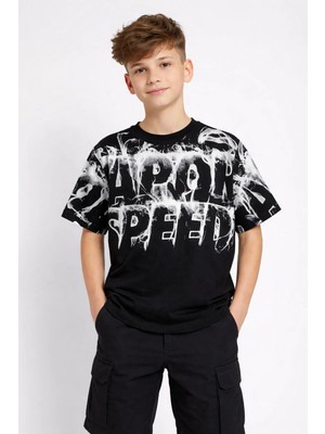 İrem Çocuk Giyim Erkek Çocuk Speed Yazı Desenli Oversize Kalıp Siyah Renk Kısa Kollu Tişört