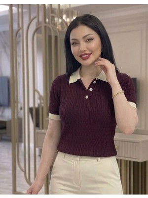 Abba1 Bayan Polo Yaka Yumuşak Dokulu Saç Örgü Desenli Triko Üst T-Shirt