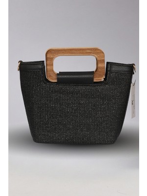 Victoria Shoes Ahşap Saplı Siyah Hasır Çanta