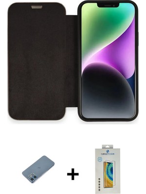 Cepte Toptan iPhone 12 Siluet Minimal Serisi - Siyah Polymer Nano Ekran Koruyucu + Mavi Shine Kamera Lens Koruma Cam