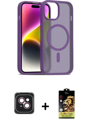 iPhone 14 Siluet Minimal Prime - Siyah Buffer Cam Ekran Koruyucu + Pembe Pvd Metal Kamera Lens