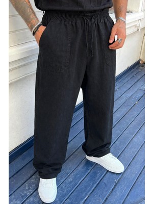 Damga Erkek Yüksek Bel Lastikli Siyah Keten Pantolon