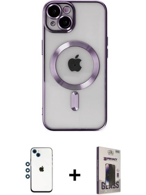 Cepte Toptan iPhone 14 Nova Işık Özel Seri - Siyah Bilvis Hayalet Cam Ekran Koruyucu + Mavi Shine Kamera Lens