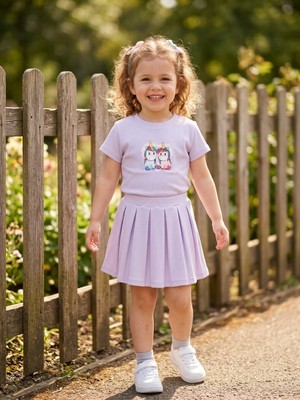 Dudese Kız Çocuk Lila Unicorn Baskılı Tişört ve Pileli Etek Takım