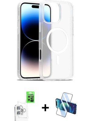 Cepte Toptan iPhone 16 Pro Siluet Minimal Prime - Siyah 3D Antistatik Cam Ekran Koruyucu + Beyaz Raze Metal Kamera Lens