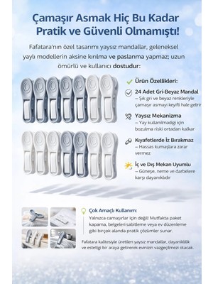 Fafatara 24’lü Yaysız Çamaşır Mandalı Gri Beyaz – İz Bırakmaz Dayanıklı Mandal Seti