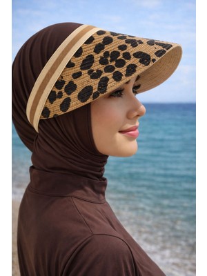 Aydın Şapkacınız Leopar Desenli Ithal Şeritli Hasır Vizör Şapka | Yazlık Güneş Korumalı, Tesettüre Uygun, Standart Taç Model
