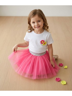Dudese Kız Çocuk Pembe Tütülü Etek ve Çiçek Detaylı Beyaz Tişört Takımı