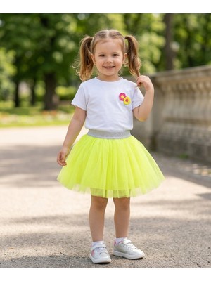 Dudese Kız Çocuk Neon Sarı Tütülü Etek ve Örgü Çiçekli Tişört Takım
