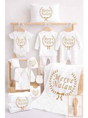 Sitilin Kız Erkek Bebek %100 Pamuk Organik Isim Baskılı Yenidoğan Hastane Çıkışı Fırça Bebek Hediye Seti
