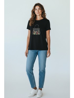 Ferz Büyük Beden Siyah Taşlı Kadın Tişort