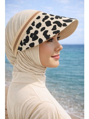 Aydın Şapkacınız Leopar Desenli Ithal Şeritli Hasır Vizör Şapka | Yazlık Güneş Korumalı, Tesettüre Uygun, Standart Taç Model