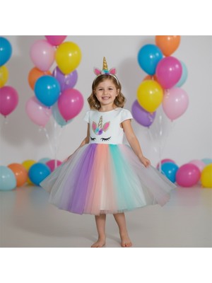 Milays Kız Çocuk Unicorn Renkli Tüllü, Doğum Günü ve Parti Kostümü Taç Hediyeli 3-10 Yaş