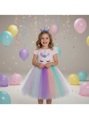Milays Kız Çocuk Unicorn Renkli Tüllü, Doğum Günü ve Parti Kostümü Taç Hediyeli 3-10 Yaş