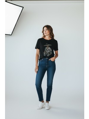 Ferz Büyük Beden Siyah Taşlı Kadın Tişort
