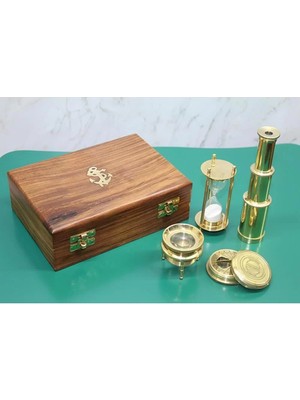 Skygo Ahşap Kutulu Dürbün Kumsaati Büyüteç Pusula Seti