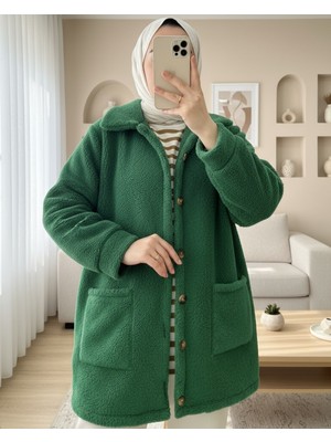 Modamorfo Boydan Düğmeli Cepli Pelüş Ceket   -Yeşil