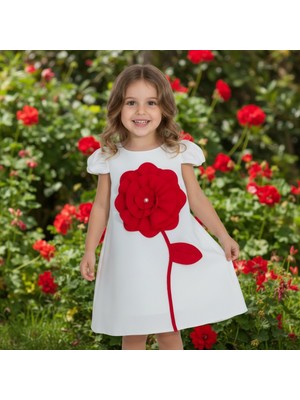 Milays Kız Çocuk Gül Detaylı Kısa Kollu Abiye Elbise