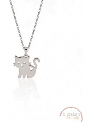 Bigakan  Yaramaz Kalpli Kedi Kolye 925 Ayar Gümüş 45 cm Kadın Beyaz Renk