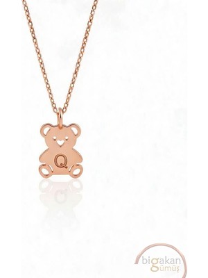 Bigakan  Zarif Minik Q Harf Ayıcık Kolye 925 Ayar Gümüş 45 cm Kadın Rose Kaplama