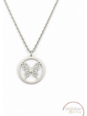 Bigakan  Daire Içinde Kelebek Zarif Kolye 925 Ayar Gümüş 45 cm Kadın Beyaz Renk