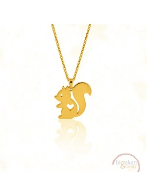 Bigakan  Sevimli Sincap Figürlü Kolye 925 Ayar Gümüş 45 cm Kadın Altın Kaplama