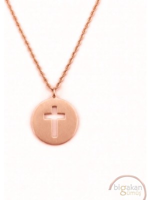 Bigakan  Madalyon Haç Kolye 925 Ayar Gümüş 45 cm Kadın Rose Kaplama