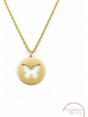 Bigakan  Madalyon Zarif Kelebek Kolye 925 Ayar Gümüş 45 cm Kadın Altın Kaplama