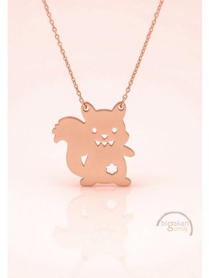 Bigakan  Sincap Figürlü Kolye 925 Ayar Gümüş 45 cm Kadın Rose Kaplama