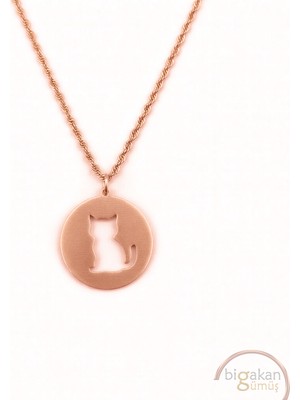 Bigakan  Madalyon Kedi Kolye 925 Ayar Gümüş 45 cm Kadın Rose Kaplama