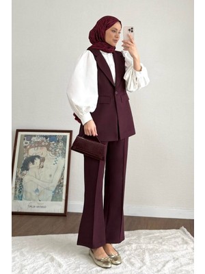 RFK Butik Kadın Tek Düğme Detaylı Double Kumaş Yelekli Pantolonlu Takım - Bordo
