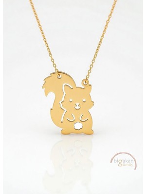 Bigakan  Sincap Figürlü Kolye 925 Ayar Gümüş 45 cm Kadın Altın Kaplama