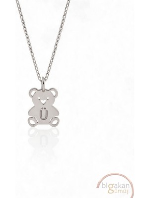 Bigakan  Tatlı Minik Ü Harf Ayıcık Kolye 925 Ayar Gümüş 45 cm Kadın Beyaz Renk