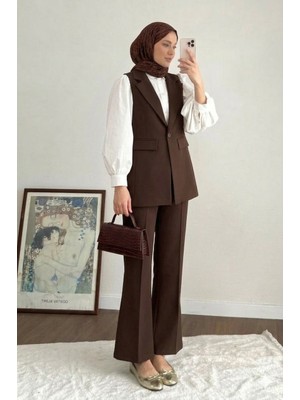 RFK Butik Kadın Tek Düğme Detaylı Double Kumaş Yelekli Pantolonlu Takım - Kahverengi