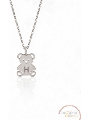 Bigakan  Tatlı Minik Harf H Ayıcık Kolye 925 Ayar Gümüş 45 cm Kadın Beyaz Renk